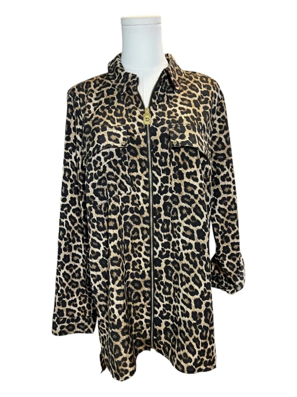 EUC+ Michael Kors leopard print zip front blouse | size L
